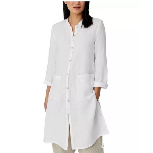 Eileen Fisher Tops - Eileen Fisher white longline mandarin collar cotton tunic